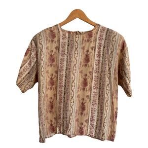 Lee David Collection L Vintage Boho Blouse Beige Brown Floral 90s Boxy
